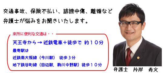 交通事故、保険不払い、誹謗中傷、離婚など弁護士が悩みをお聞きいたします。