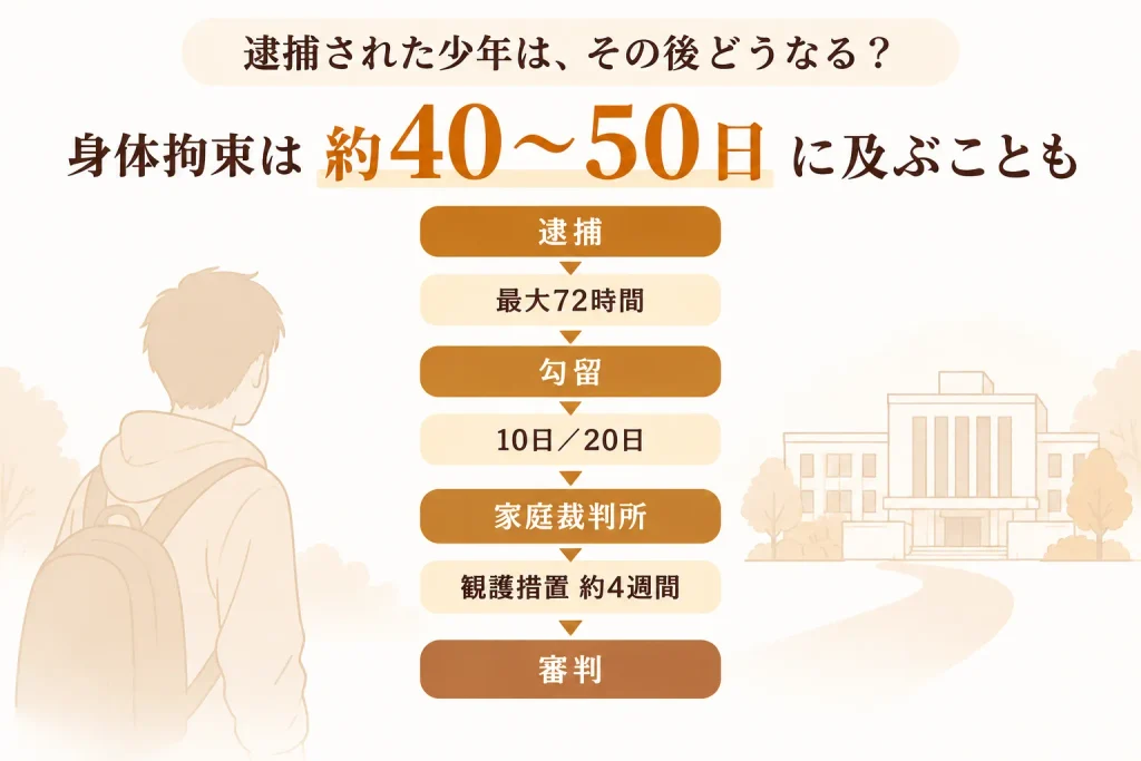逮捕された少年は、その後どうなる？
身体拘束は約４０－５０日に及ぶことも